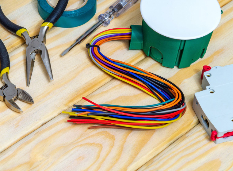 wiring and electrical tools on top of a wooden table