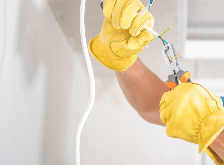 worker with yellow gloves rewiring some wires on a new house